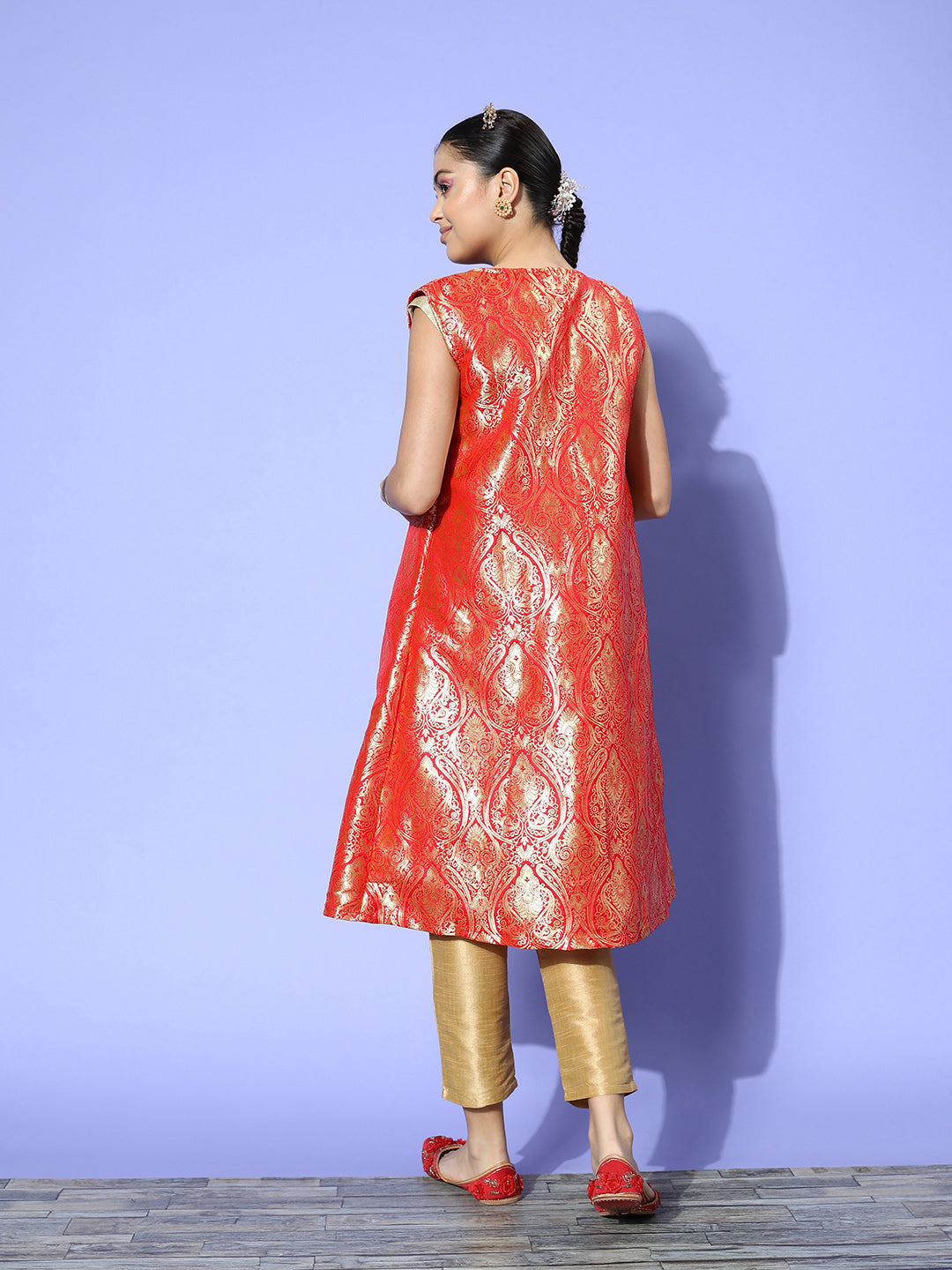 InWeave Women's Red Brocade Jacket - Swadesiicart