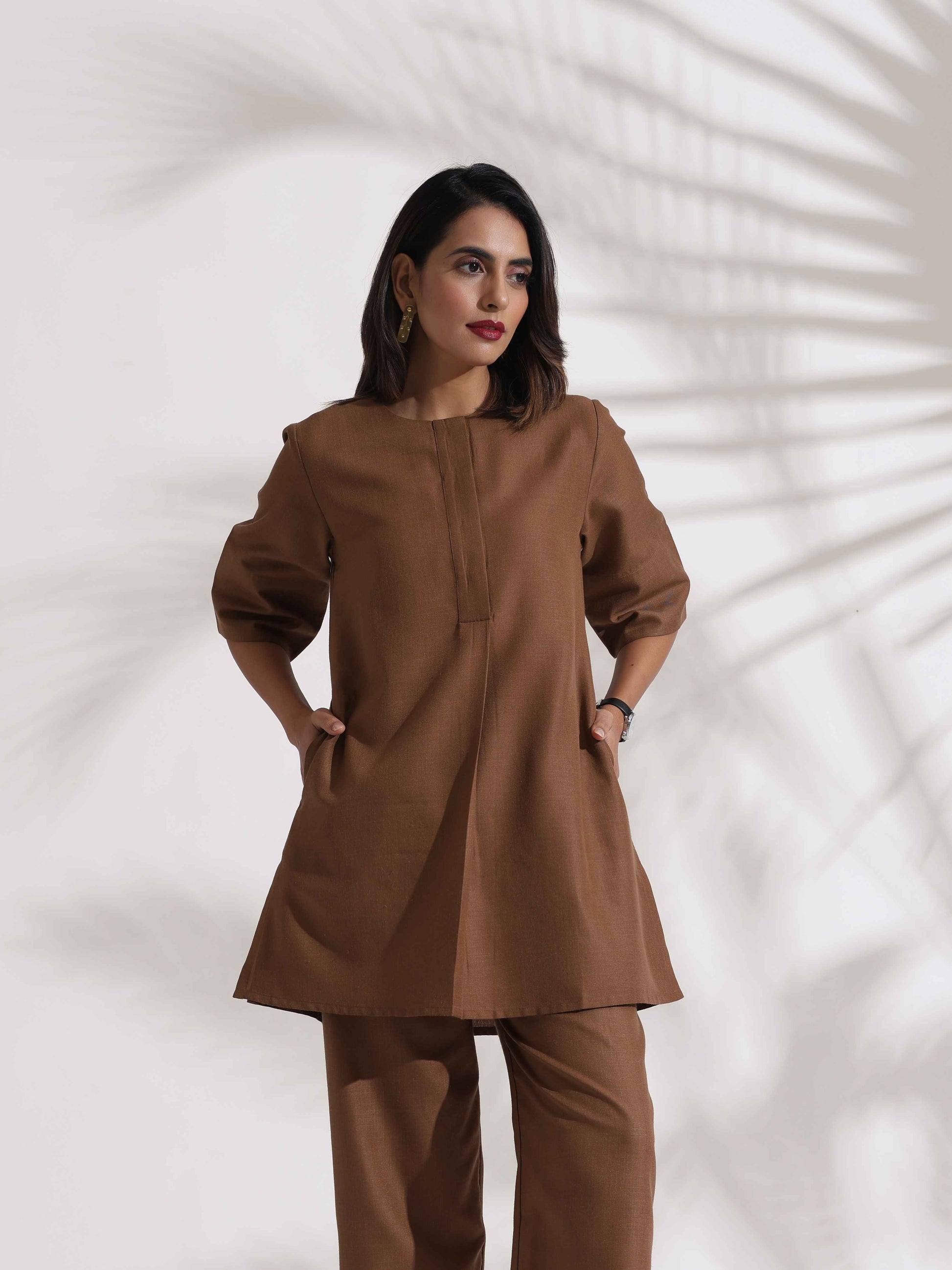 trueBrowns Brown Slub Co-ord Set - Swadesiicart