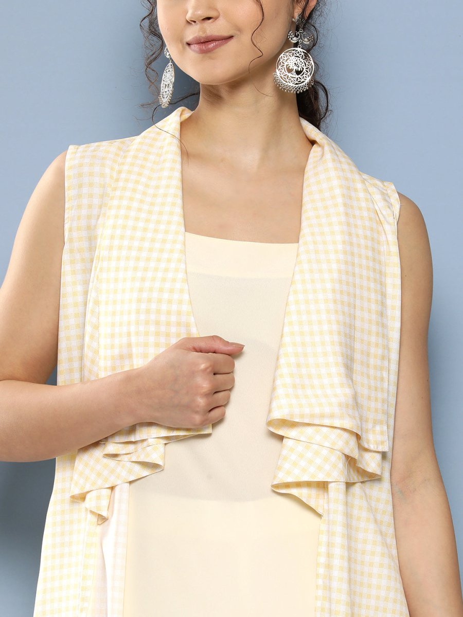 Ahalyaa Women White & Yellow Checked Crepe Kurta | Swadesiicart