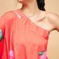 InWeave Women's Dark Orange Pink Blue Flower One Shoulder Kurta - Swadesiicart