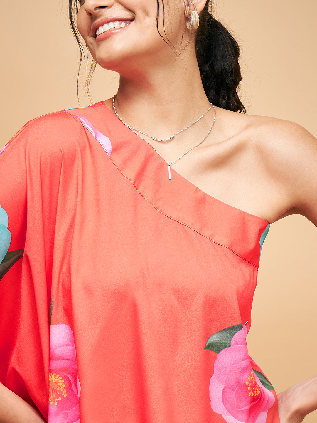 InWeave Women's Dark Orange Pink Blue Flower One Shoulder Kurta - Swadesiicart