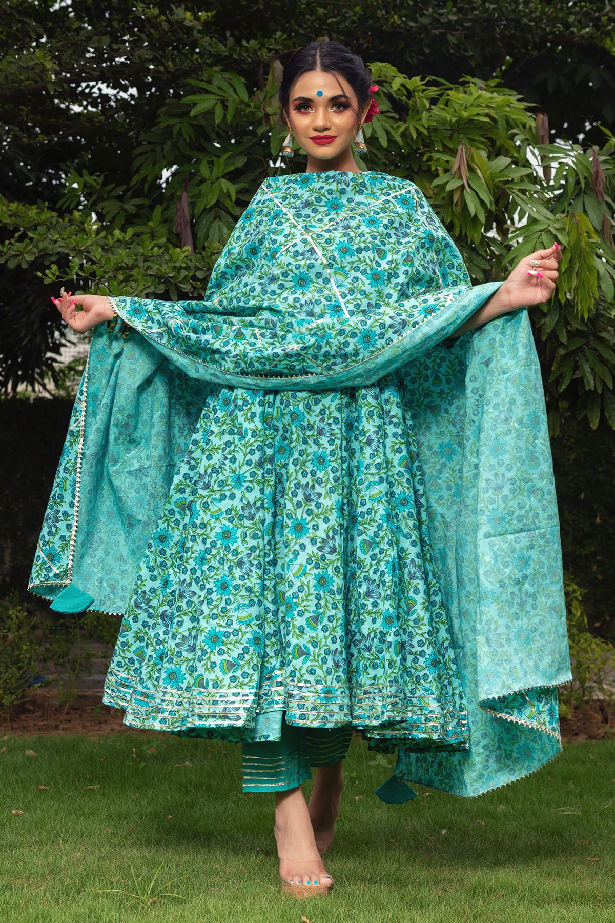 Pomcha Jaipur Morni Hand Block Cotton Anarkali Set | Swadesiicart