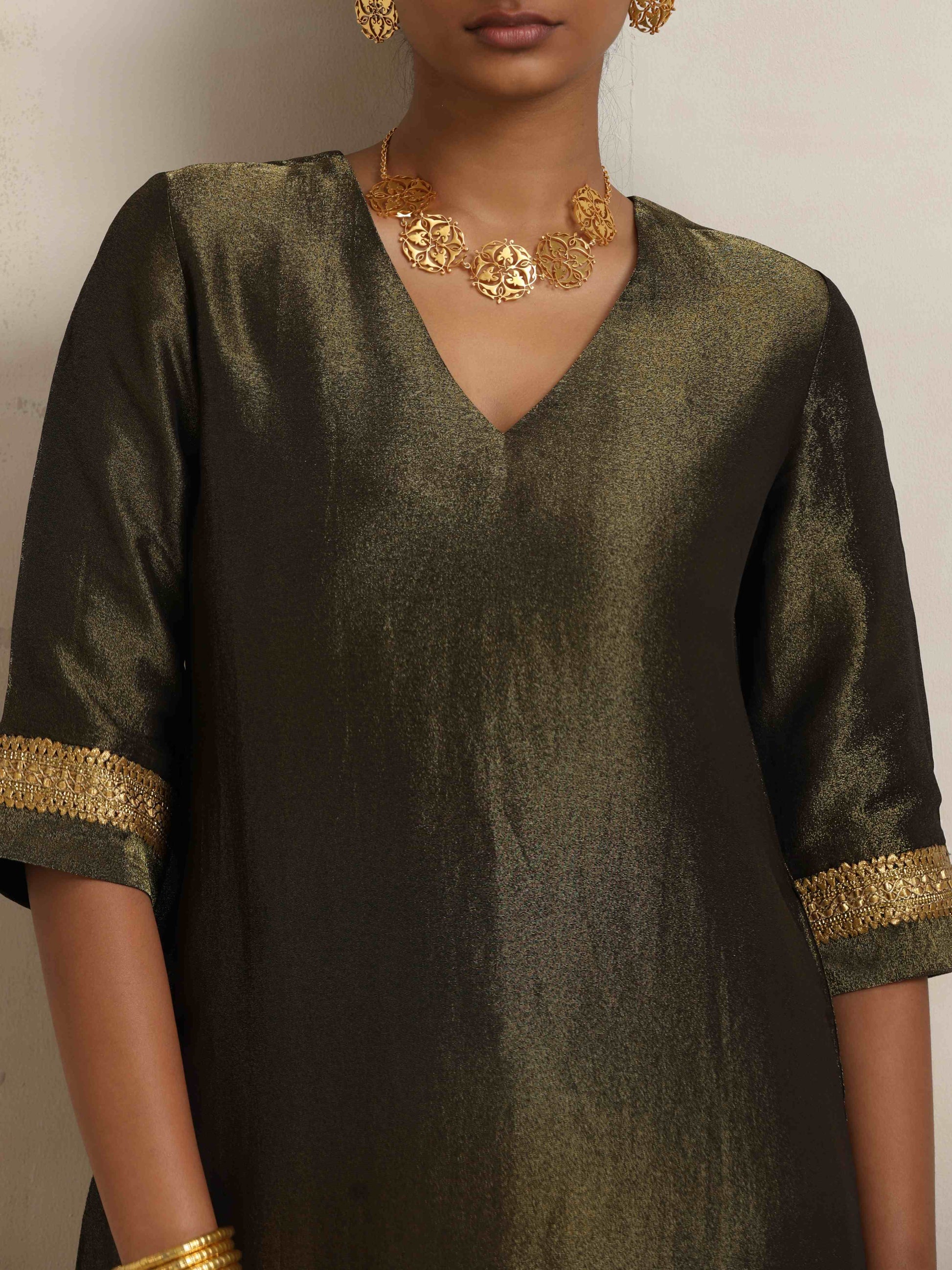 trueBrowns Olive Green Tissue Sharara Set | Swadesiicart
