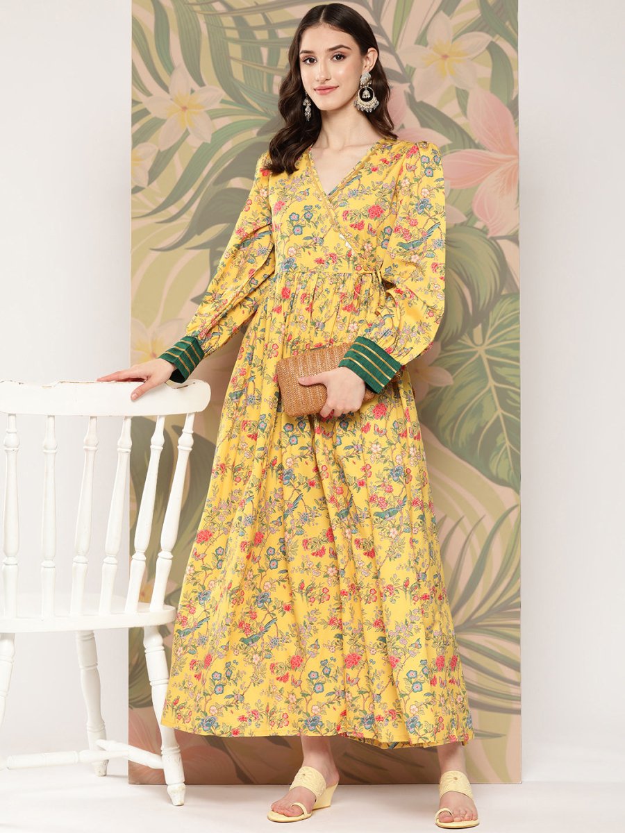 Ahalyaa Floral Printed Tie-Ups Crepe Empire Ethnic Dress | Swadesiicart