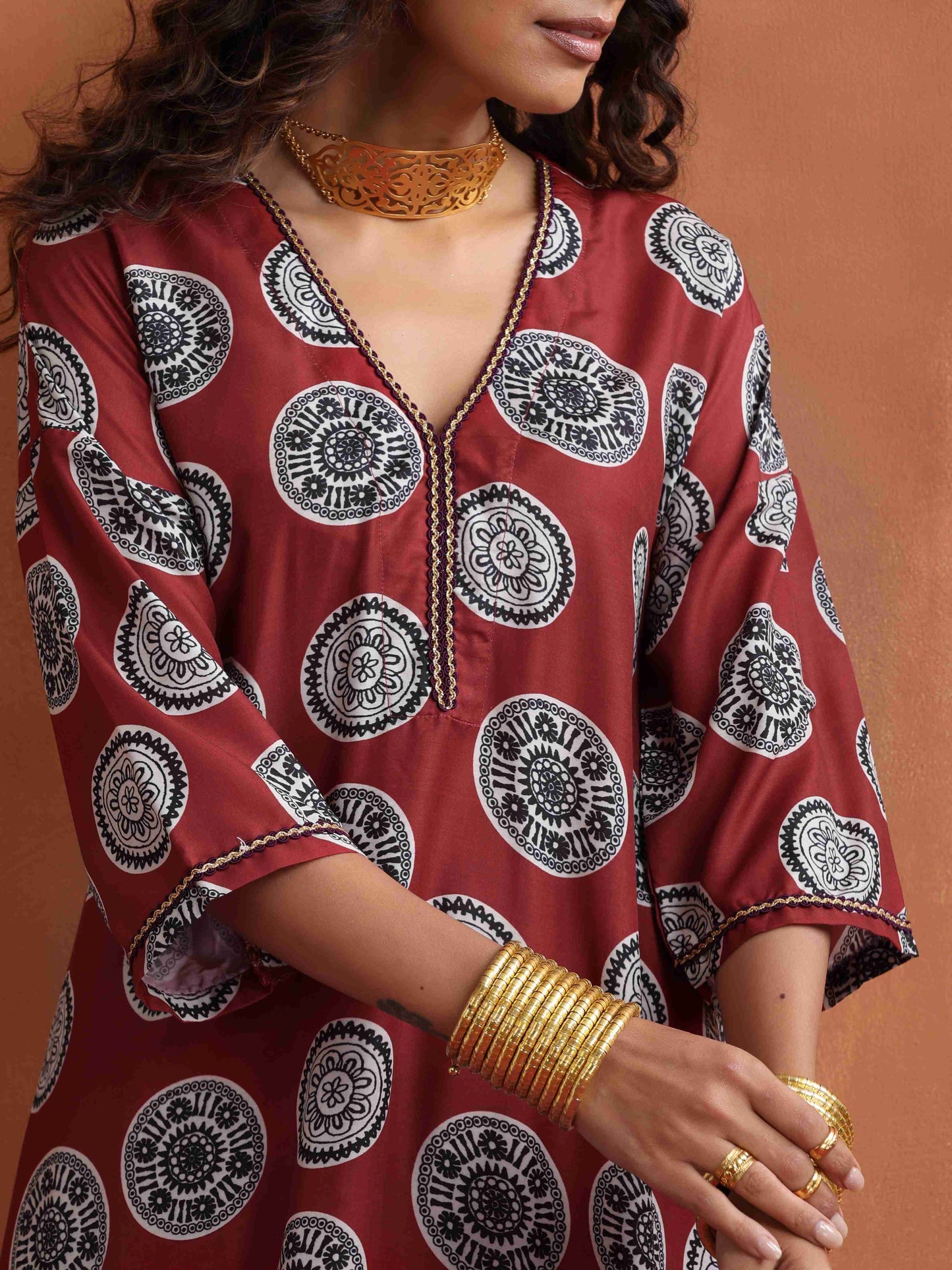 trueBrowns Maroon Print A-line Kurta Co-ord Set - Swadesiicart