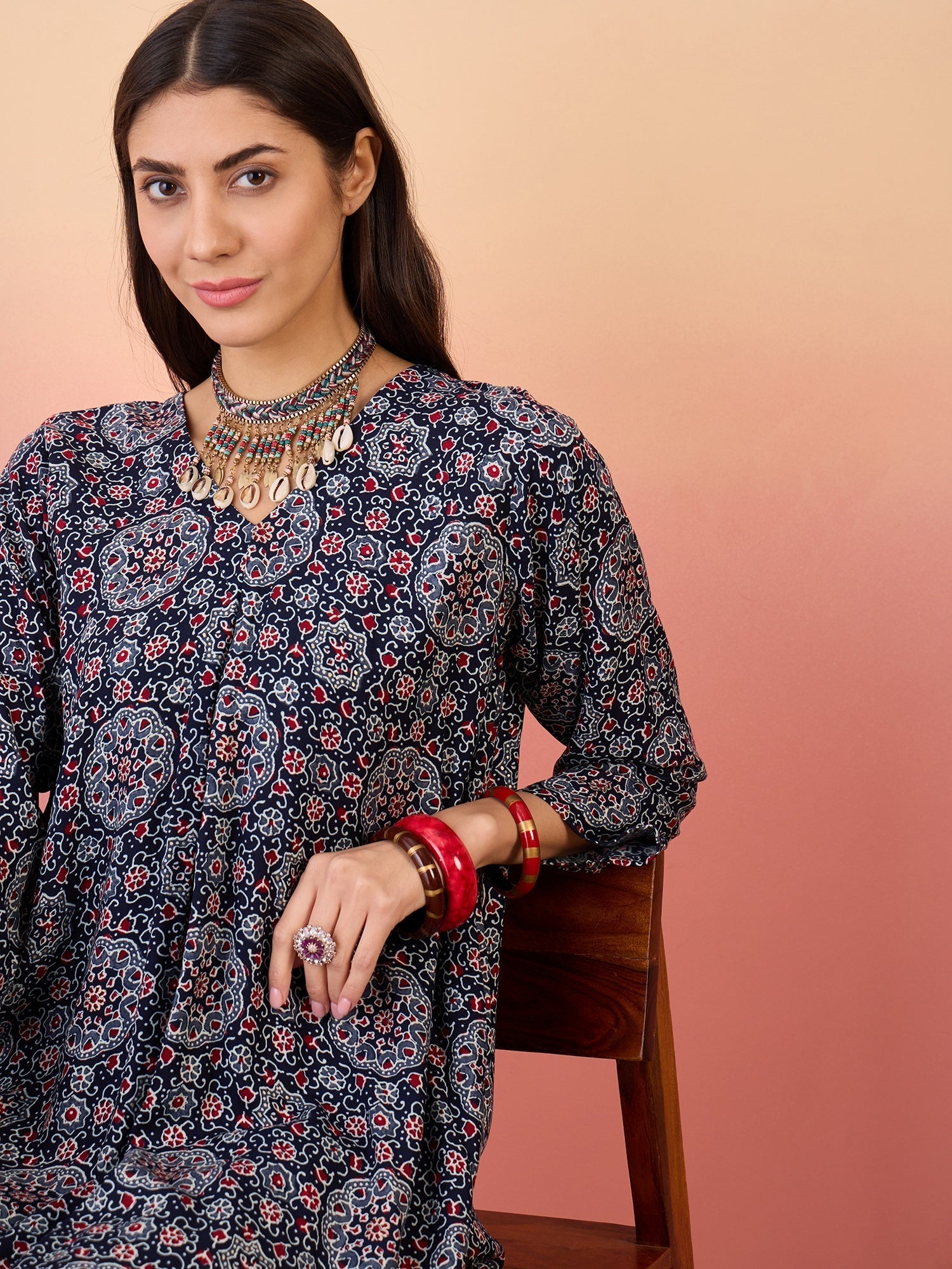 InWeave Navy Maroon Ajrakh Foil V Neck Kurta Pant Set - Swadesiicart