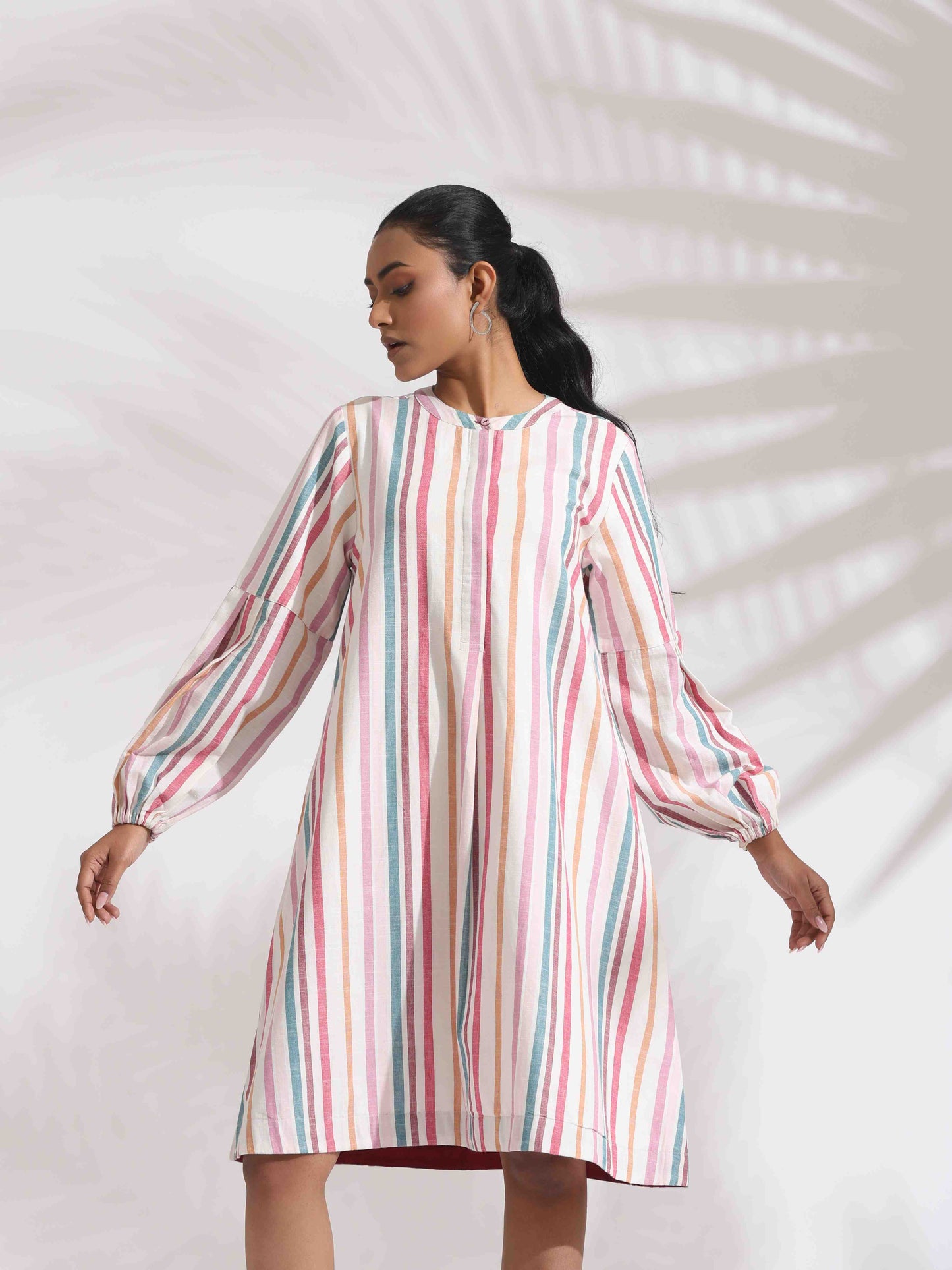 trueBrowns Off-White Cotton Multi Stripe Short Dress | Swadesiicart