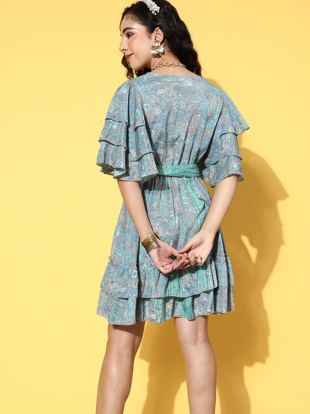 InWeave Women's Sparky Blue Ruffled Tie Up Dress - Swadesiicart