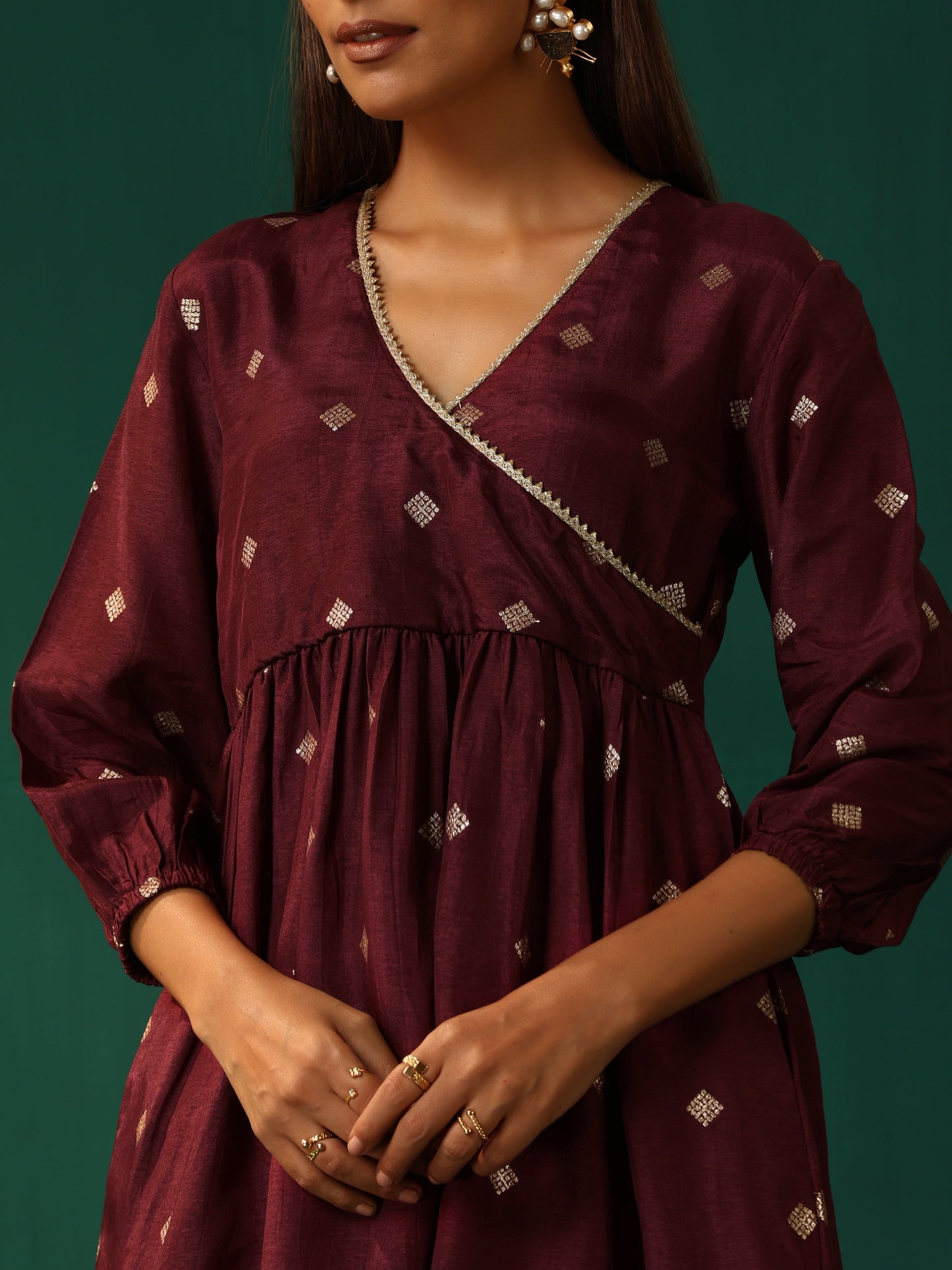 trueBrowns Wine Diamond Viscose Silk Waist Gathered Co-ord Set - Swadesiicart