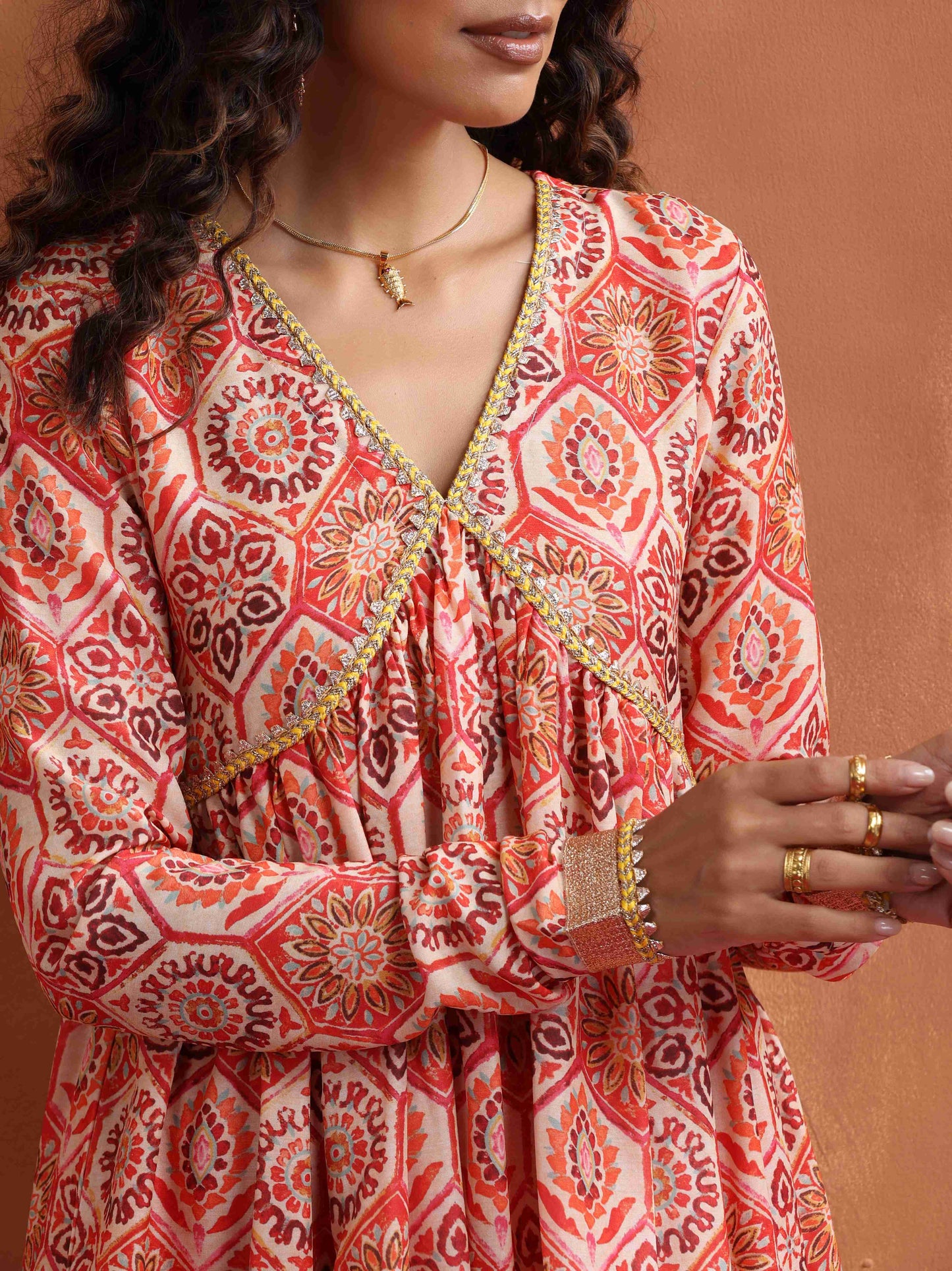 trueBrowns Beige Print Flared Anarkali Kurta Set | Swadesiicart