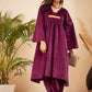 InWeave Women's Wine V Neck Asymmetrical Pleated Velvet Kurta Set - Swadesiicart