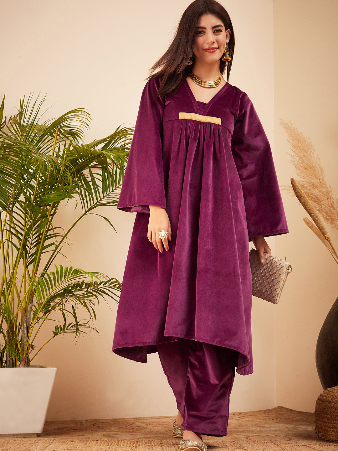 InWeave Women's Wine V Neck Asymmetrical Pleated Velvet Kurta Set - Swadesiicart