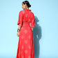 InWeave Women's Red Gold Printed Crop Top With Side Slit Skirt - Swadesiicart