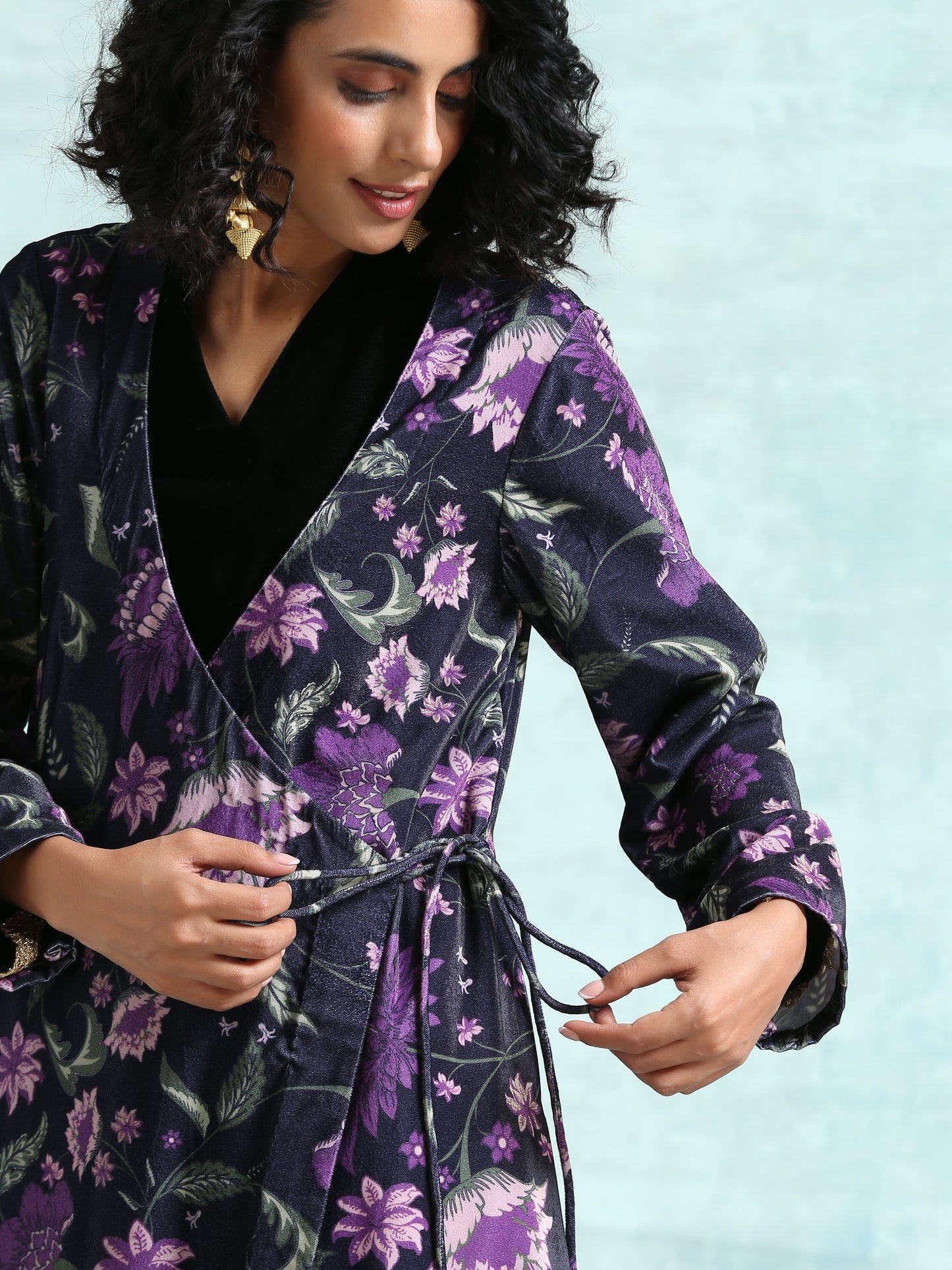 trueBrowns Black Printed Velvet Angrakha Jacket | Swadesiicart
