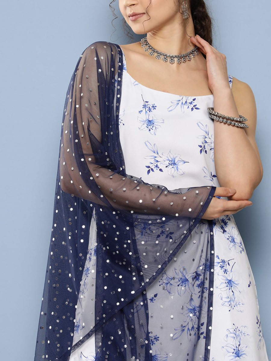 Ahalyaa Women White Floral Printed Sequinned Kurta with Sharara & With Dupatta | Swadesiicart
