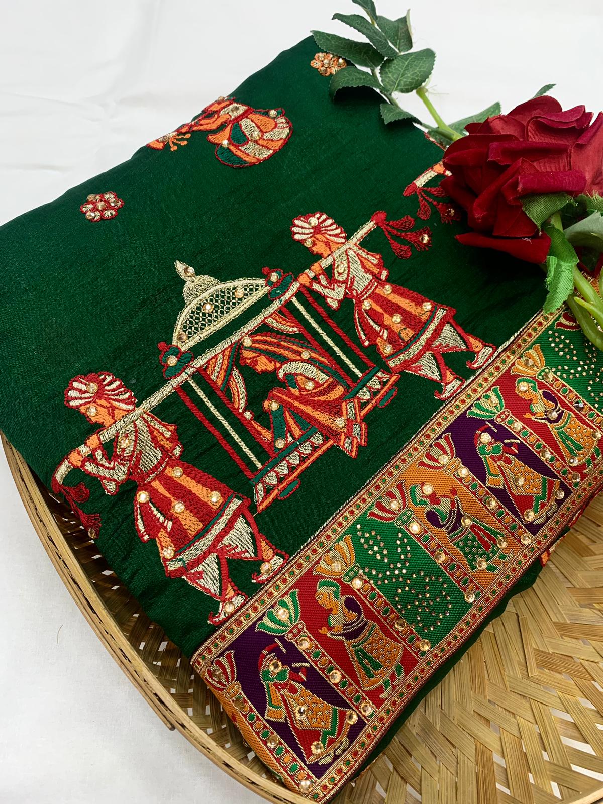 Lorenvalley Fashion Premium Green Vichitra Silk Embroidery and Diamond work Both Side Saree - Swadesiicart