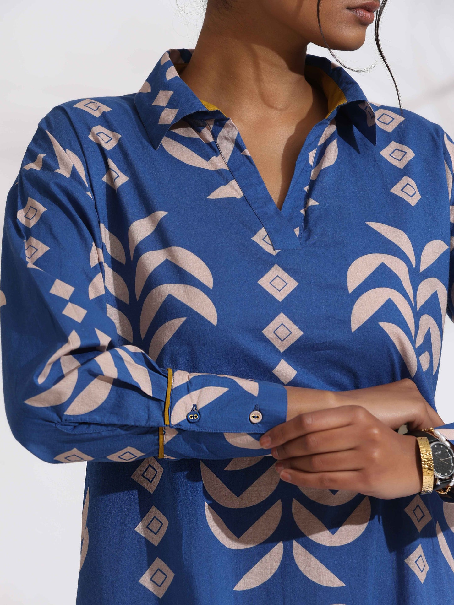trueBrowns Blue Cotton Stripe Print Kurta Set | Swadesiicart
