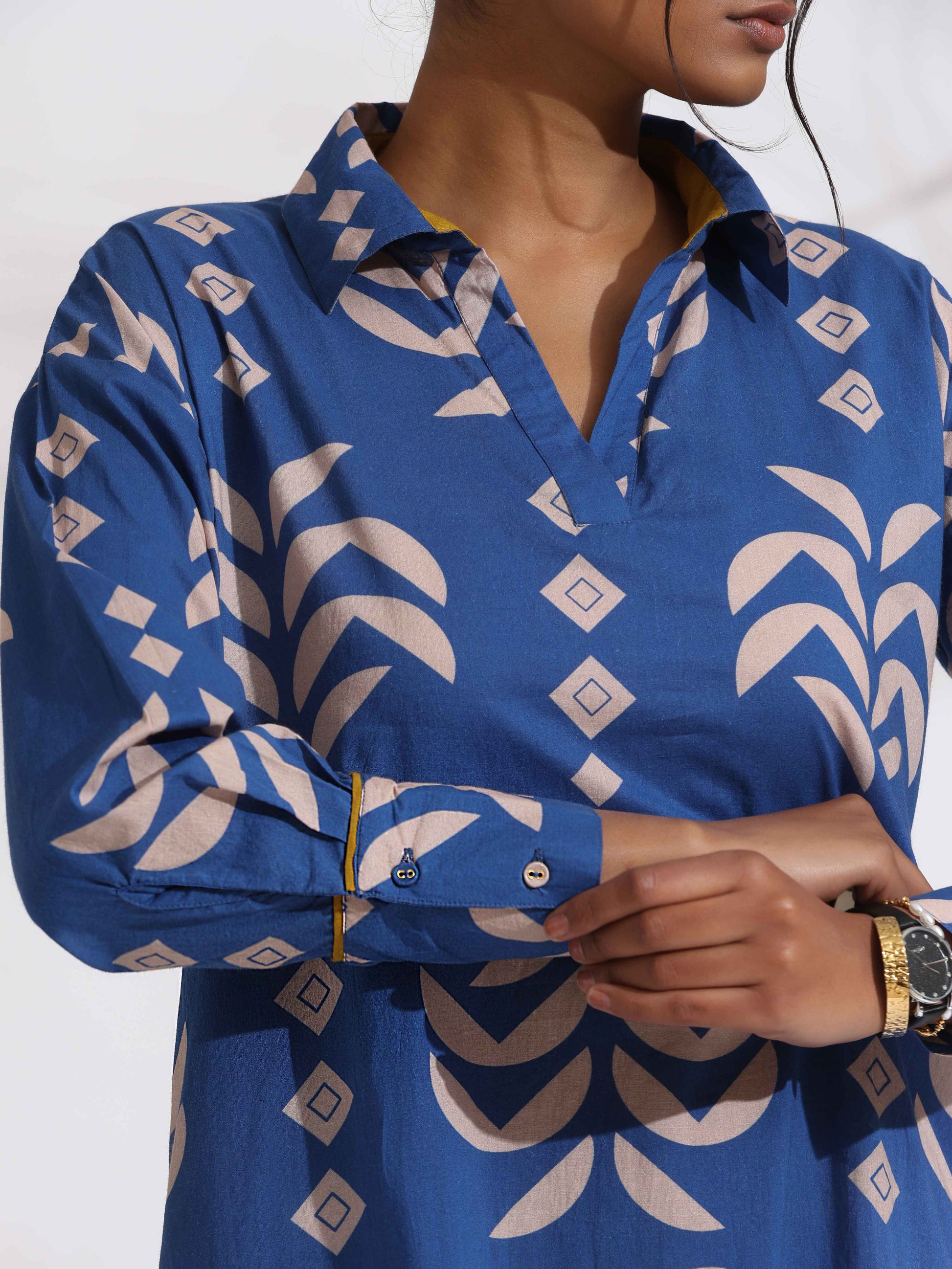 trueBrowns Blue Cotton Stripe Print Kurta Set | Swadesiicart