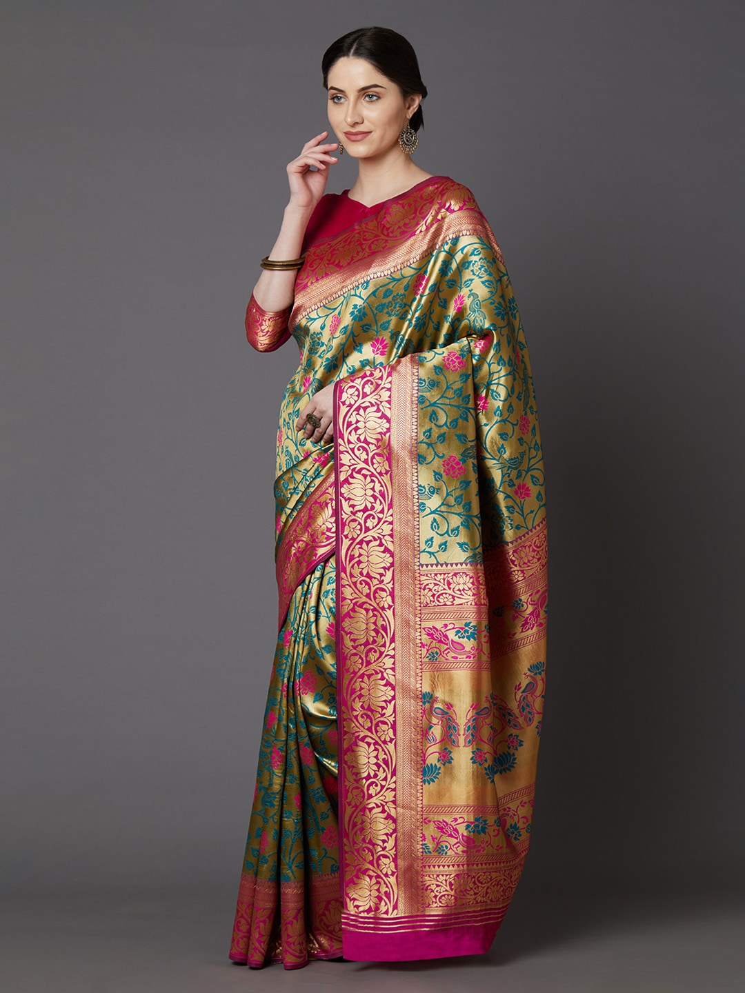 Mitera Green & Blue Silk Blend Woven Design Banarasi Saree | Swadesiicart