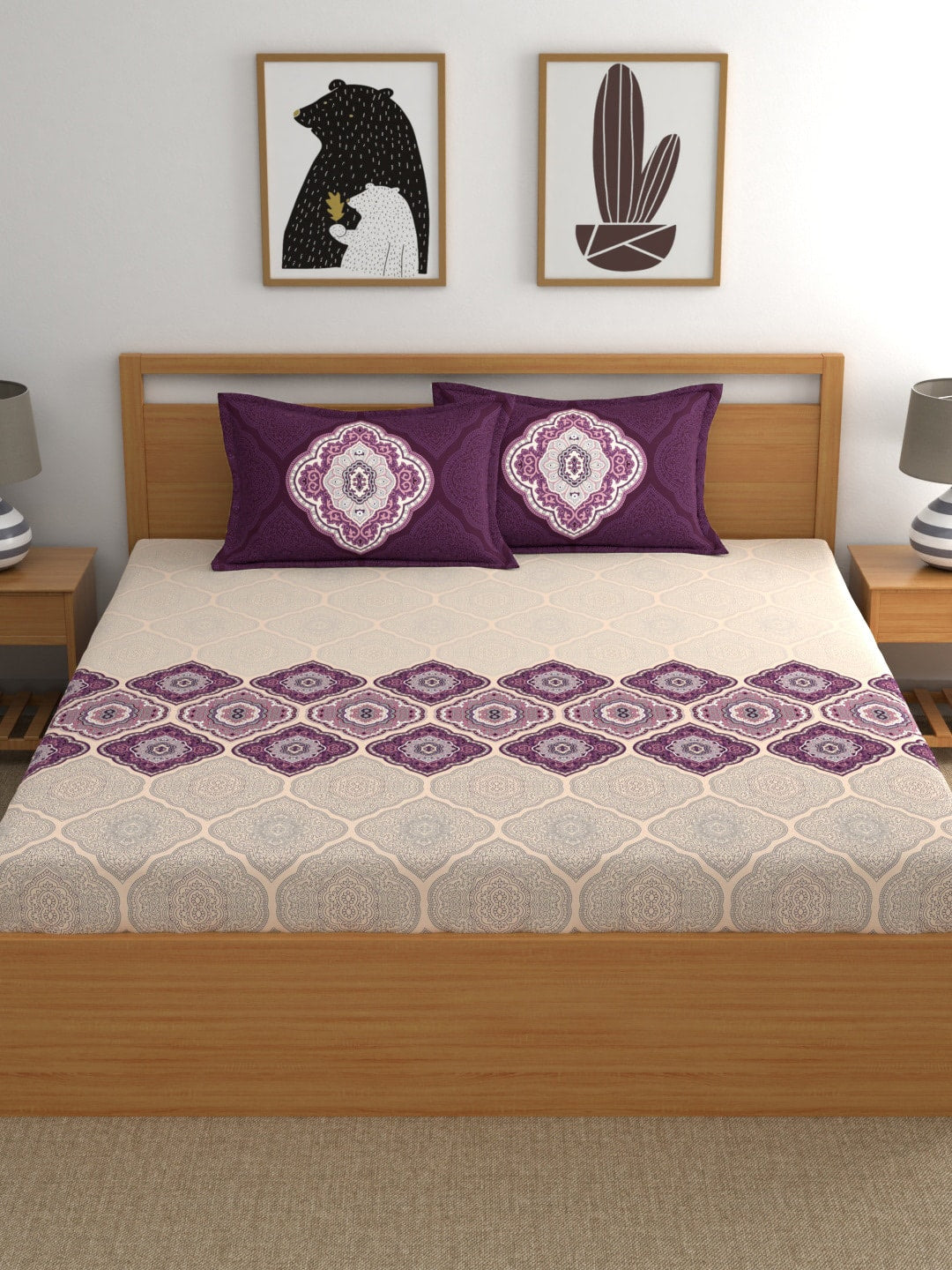 Dreamscape Purple & Cream-Coloured 144 TC Bedsheet with Pillow Covers - Swadesiicart