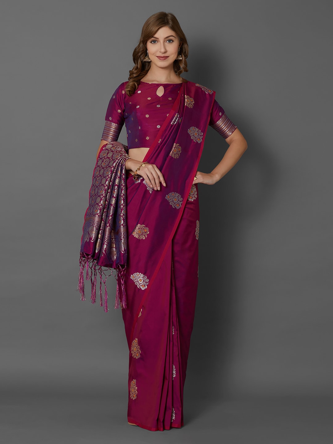 Mitera Magenta Silk Blend Woven Design Banarasi Saree | Swadesiicart