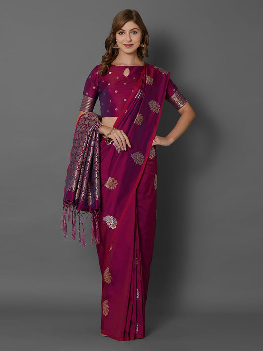 Mitera Magenta Silk Blend Woven Design Banarasi Saree | Swadesiicart