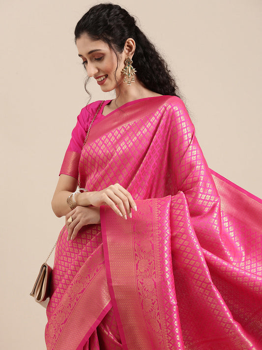 Saree Mall Pink Ethnic Motifs Zari Silk Blend Banarasi Saree For Women | Swadesiicart