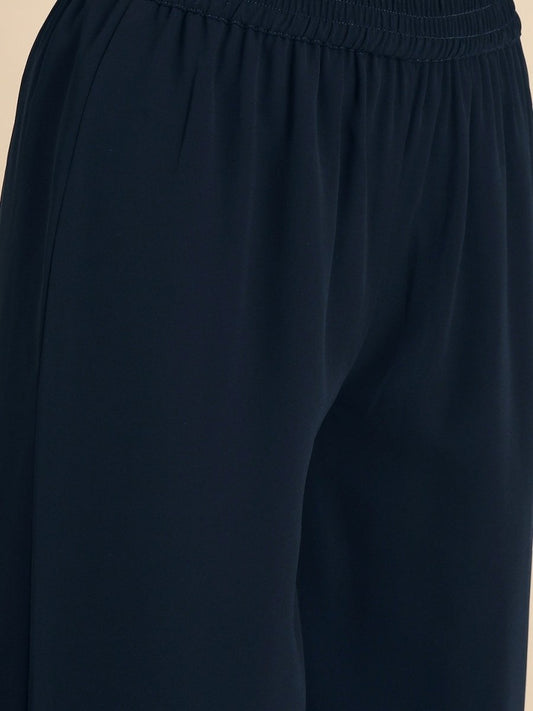 Anouk Women Navy Blue Chikankari Embroidered Kurta with Palazzos | Swadesiicart