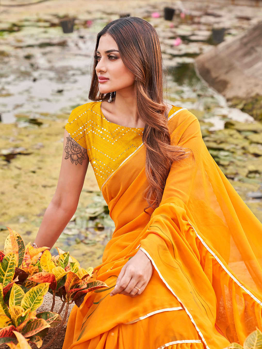 Tikhi Imli Mustard Yellow Gotta Patti Ruffles Saree | Swadesiicart