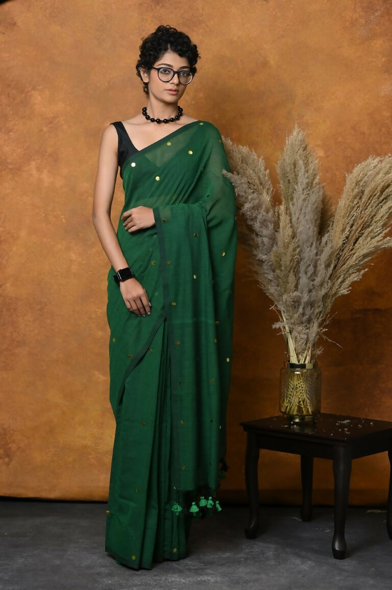 Very Much Indian Pure Mul Cotton Handloom Saree - Green | Swadesiicart
