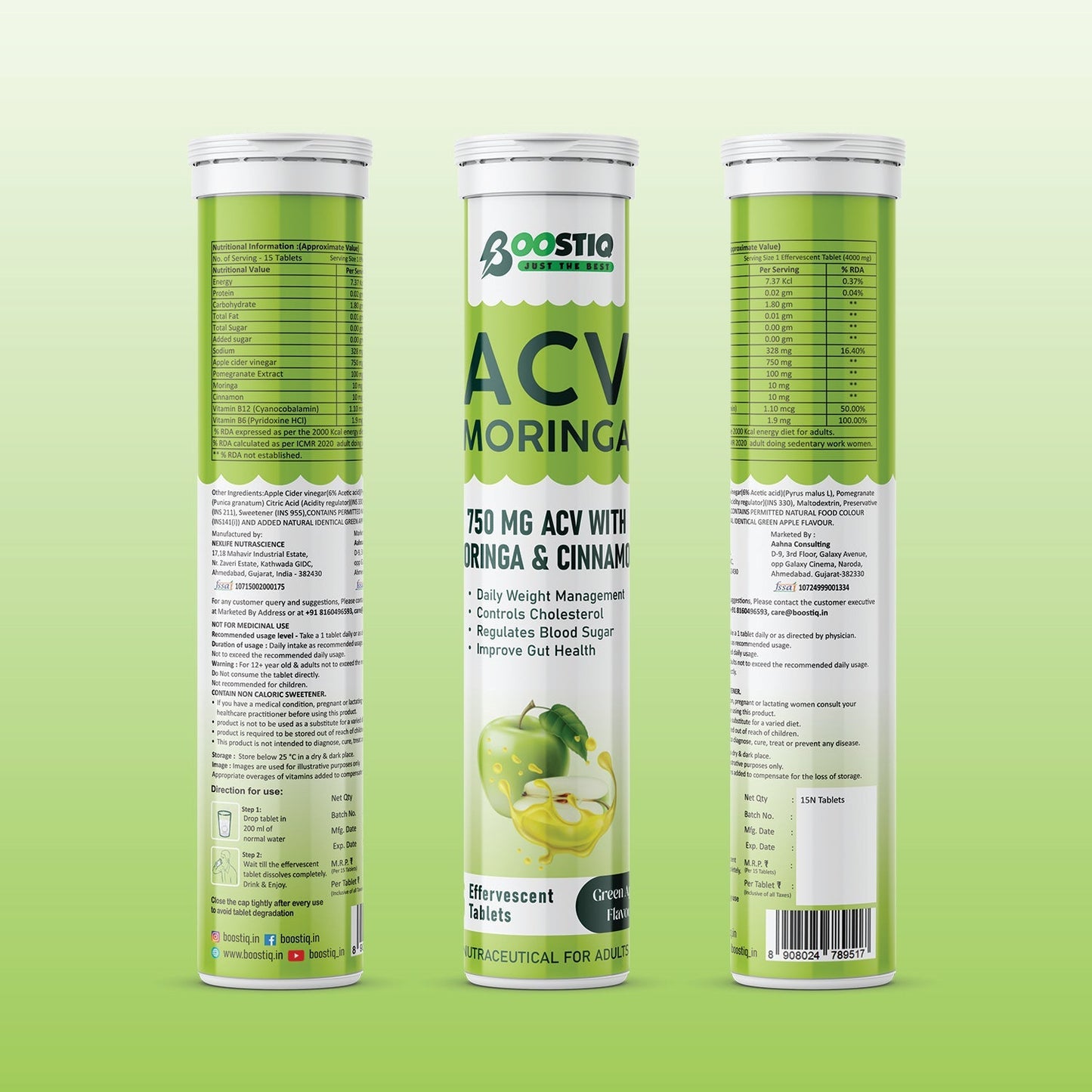 BOOSTIQ Apple Cider Vinegar With Moringa Effervescent Tablets - Green Apple Flavour