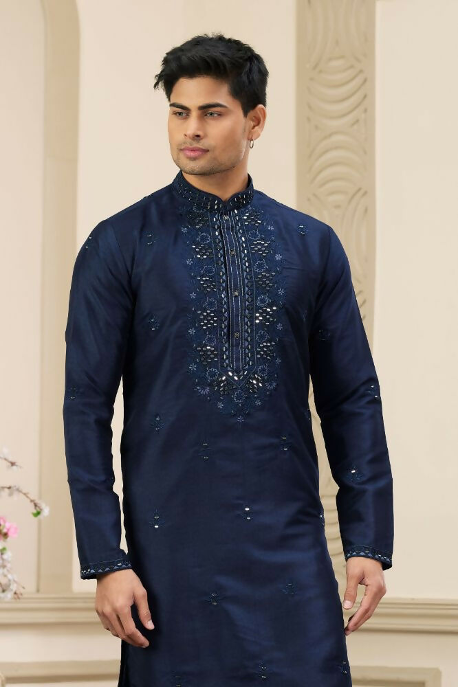 Raivat Ethnic Banarasi Art Silk Thread and Mirror Work Kurta Pajama In Blue Colour | Swadesiicart