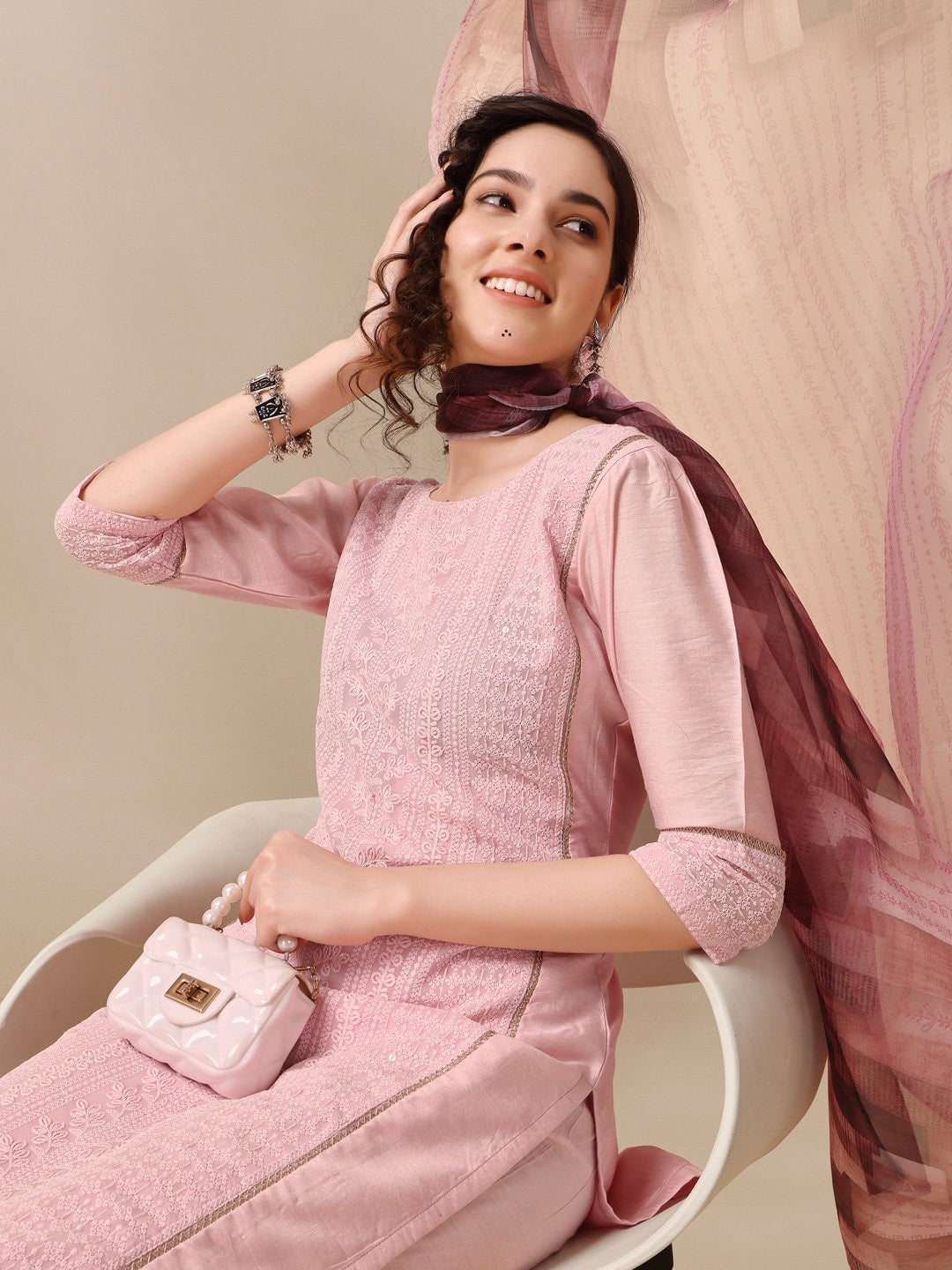HERE&NOW Lucknowi Chikankari Schiffli Chanderi Silk Kurta Trousers with Organza Dupatta | Swadesiicart