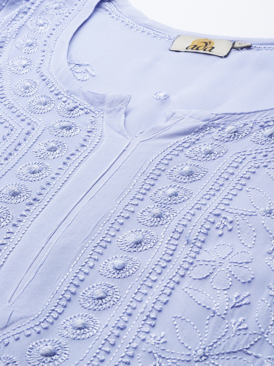 ADA Women Blue & Blue Ethnic Motifs Embroidered Chikankari Georgette Kurta | Swadesiicart