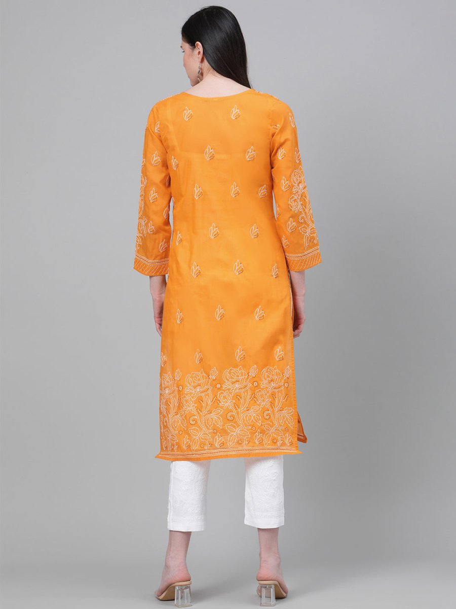 ADA Women Mustard Yellow & White Chikankari Embroidered Cotton Sustainable Handloom Kurta with Palazzos | Swadesiicart