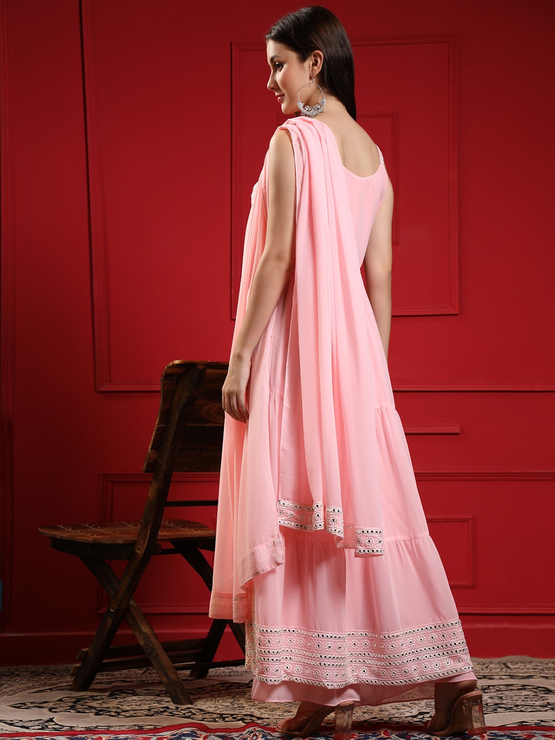 Kalini Women Pink Floral Embroidered Pleated Mirror Work Kurta with Sharara & With Dupatta | Swadesiicart