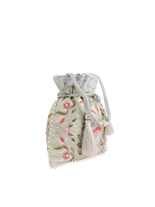 Masq Green & Pink Embellished Embroidered Potli Clutch - Swadesiicart