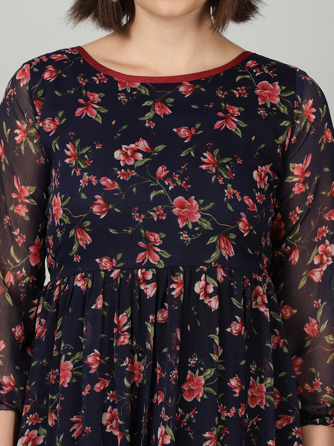 Souchii Women Navy Blue & Red Floral Chiffon A-Line Tiered Dress - Swadesiicart