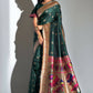 Vishnu Weaves Women's Bottle Green Paithani Silk Zari Woven Saree with Unstitched Blouse - Swadesiicart