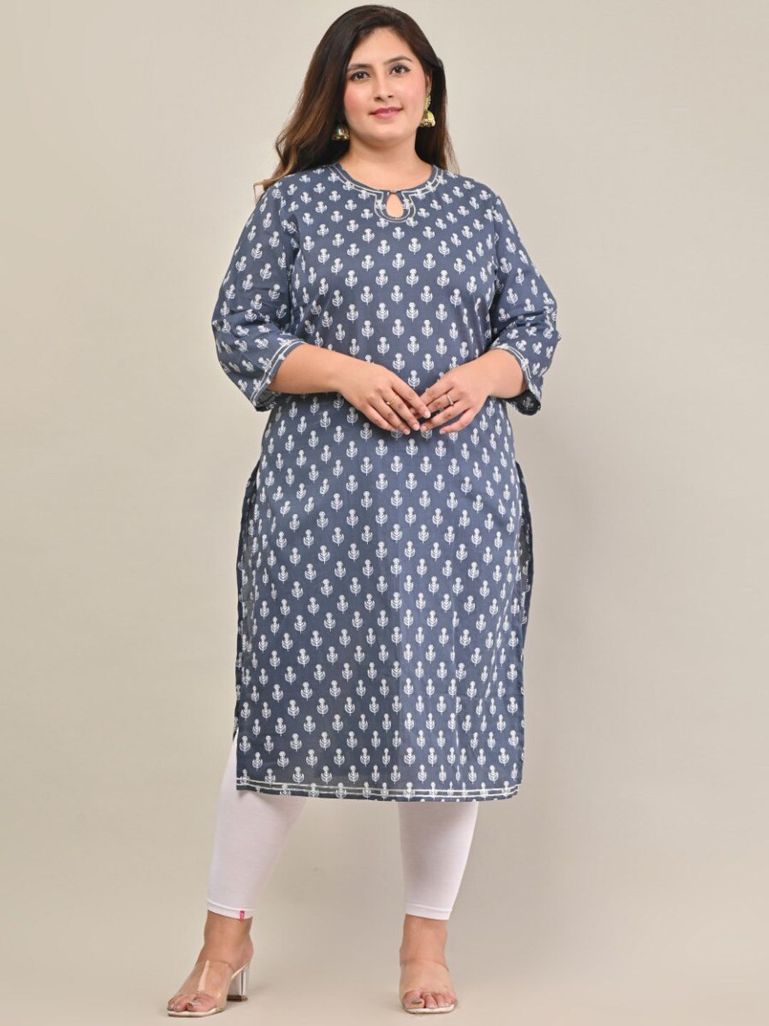 Swasti Plus size Floral Printed Keyhole Neck Cotton Kurta - Swadesiicart