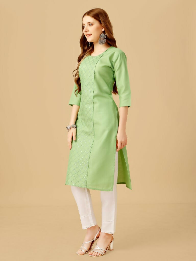 Jyoti Fashion Women's Lime Green Cotton Blend Embroidered Kurta Pant Set | Swadesiicart