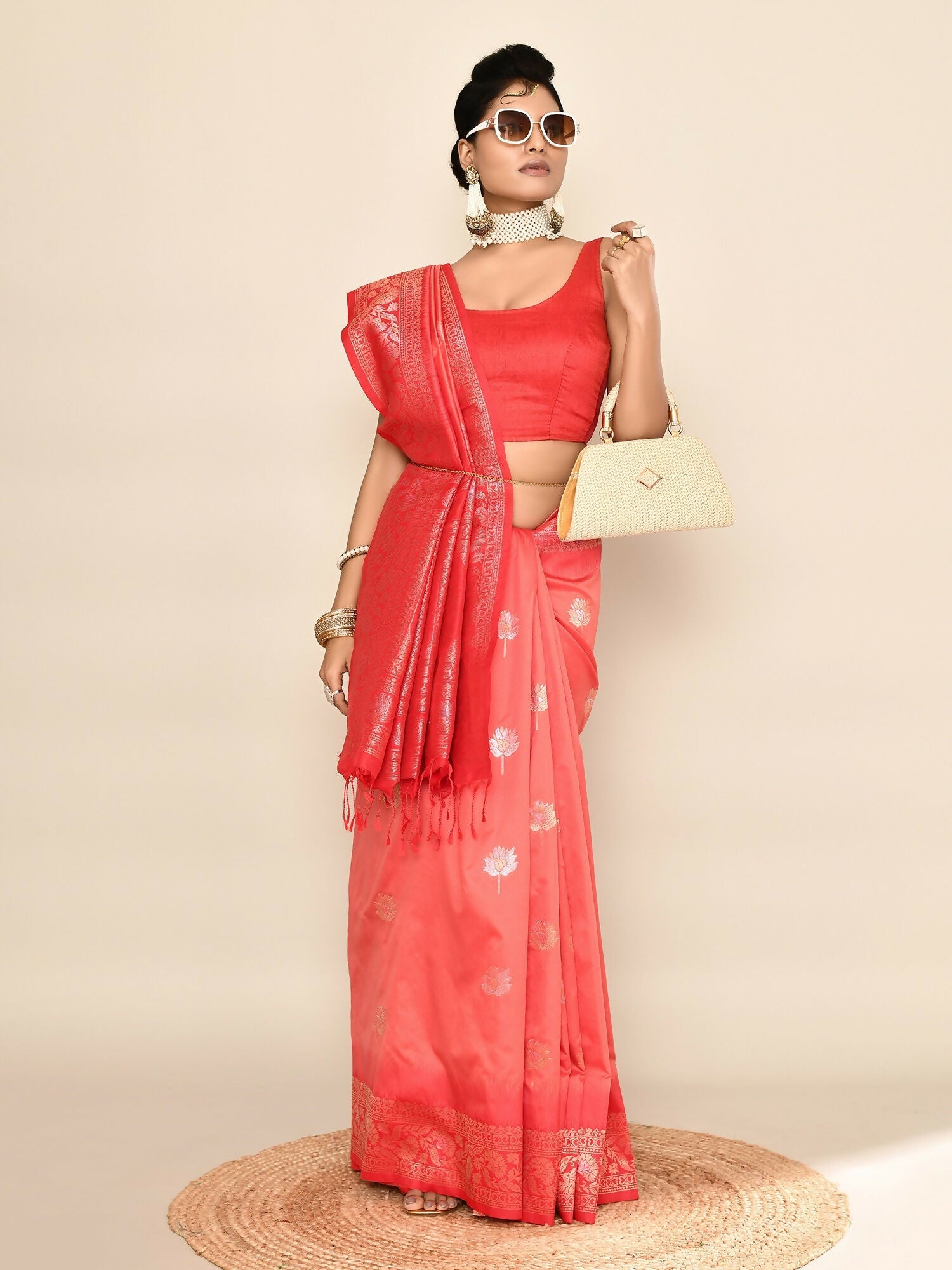Joban Fashion Peach & Red Plain With Weaving Border Banarasi Silk Sarees | Swadesiicart