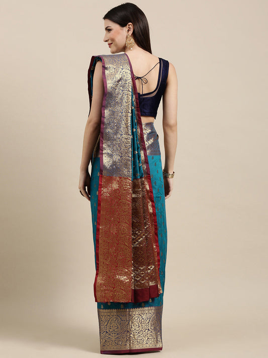 Mitera Teal Blue & Golden Ethnic Motifs Banarasi Saree with Zari Border | Swadesiicart