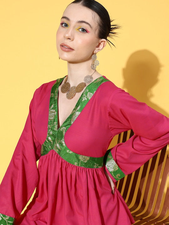 InWeave Women's Fuchsia Green Brocade Mughal Shaan Kurta Palazzo Set - Swadesiicart