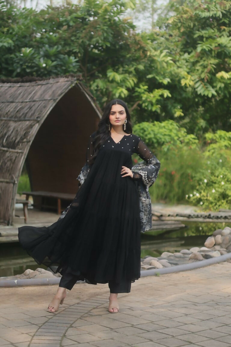 Jyoti Fashion Women's Black Faux Blooming Butti Work Kurta with Trouser & Dupatta | Swadesiicart