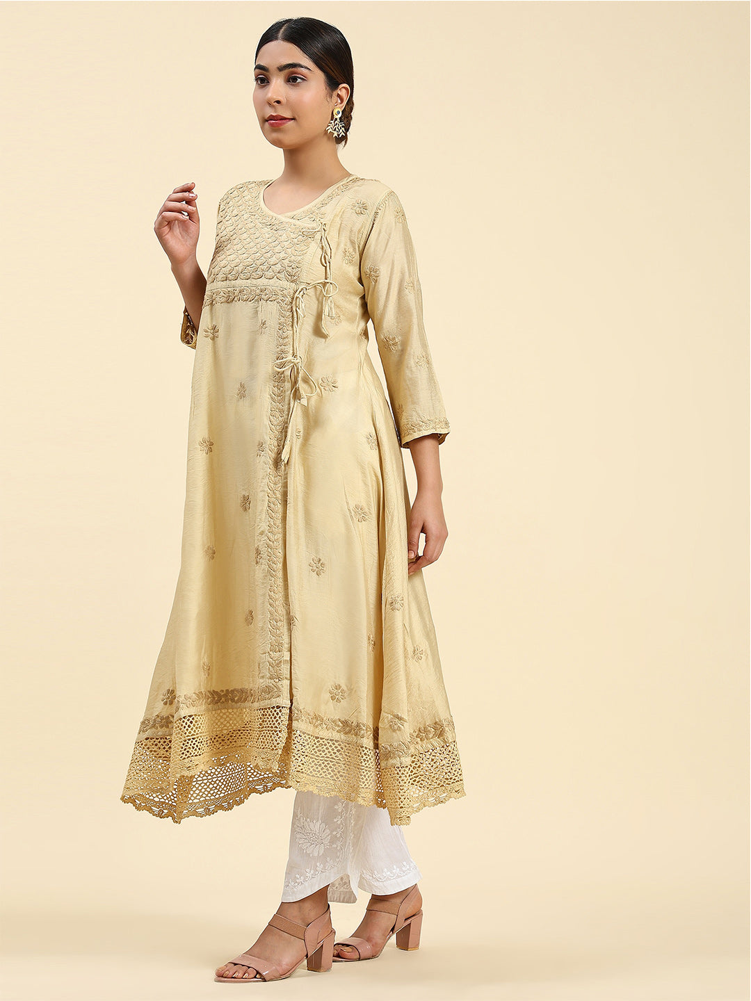 HOUSE OF KARI Embroidered Chikankari Chanderi Silk Anarkali Kurta | Swadesiicart
