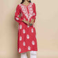 HOUSE OF KARI Floral Chikankari Embroidered Notched Round Neck Straight Kurta | Swadesiicart