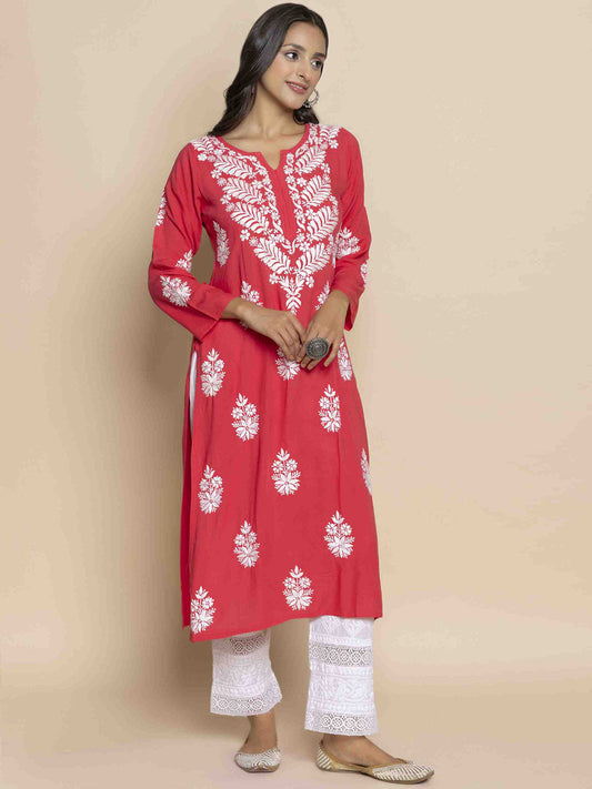 HOUSE OF KARI Floral Chikankari Embroidered Notched Round Neck Straight Kurta | Swadesiicart