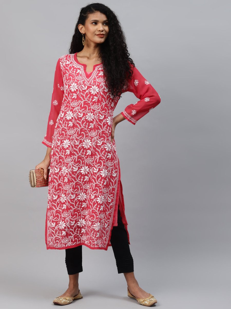 ADA Women Carrot Pink & White Floral Hand Embroidered Chikankari Handloom Kurta & Matching slip | Swadesiicart