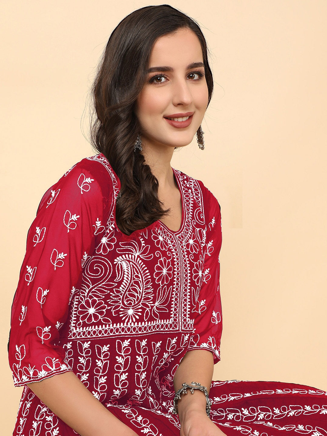HERE&NOW Chikankari Embroidered Thread Work Georgette Anarkali Kurta | Swadesiicart